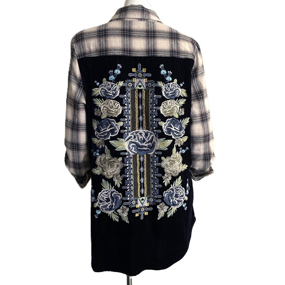 Paparazzi Top Large Boho Floral Embroidered Button Up Velvet Velour Plaid Shirt - Picture 6 of 16